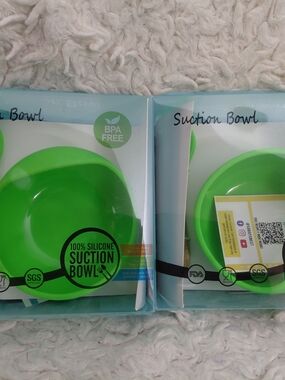 2 Green Silicone Suction Bowl W/ Spoons - BPA Free